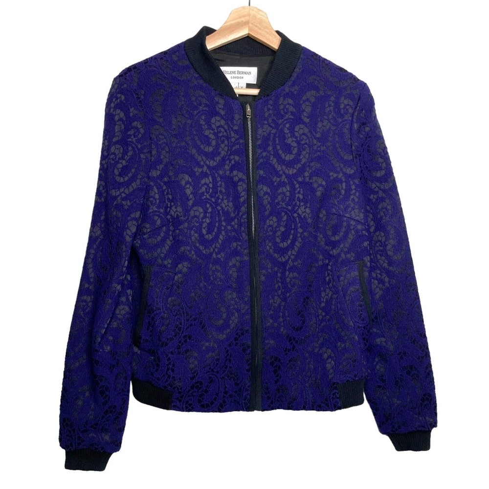 Helene Berman Womens Lace Effect Bomber Jacket Size Small Navy Blue Full Zip